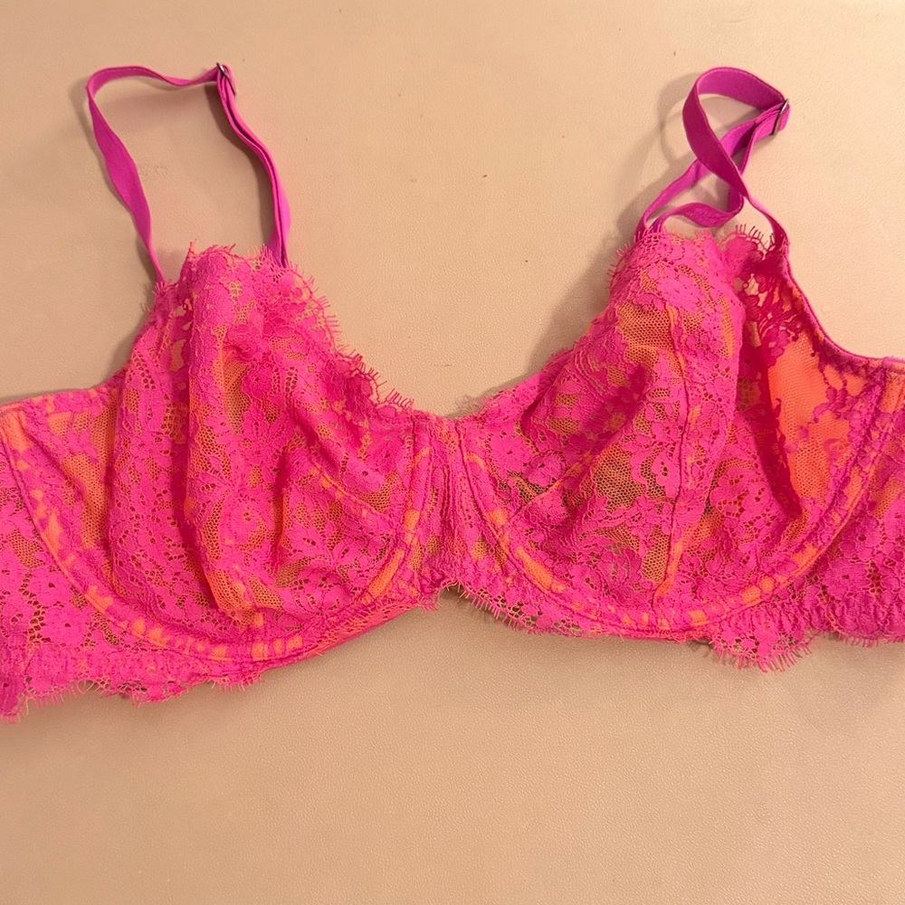 Victoria's Secret Neon Pink Lace Underwire Bra Sheer Unlined Women's 36D Y2K